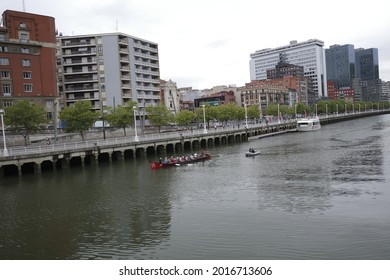 BILBAO, SPAIN - July 29 2021: Rowers Training In The Estuary Of Bilbao
