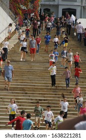 BILBAO, SPAIN - June 2 2018: Children Running Down The Stairs