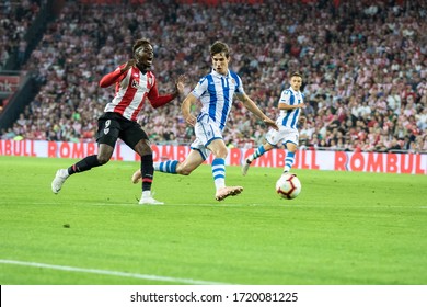 BILBAO, SPAIN - OCTOBER 05, 2018: Iñaki Williams, Athletic Player, Dispute The Ball During A Spanish League Match Between Athletic Club Bilbao And Real Sociedad