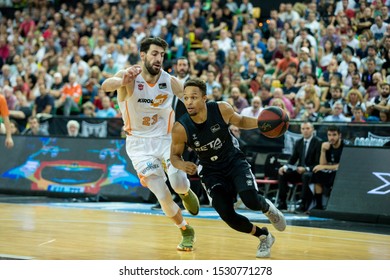 BILBAO, SPAIN. October 13th, 2019. Basque Country. Bilbao Arena. Liga ENDESA. Bilbao Basket Vs Baskonia: Jaylon Brown Runs With The Ball Against Tornike Shengelia