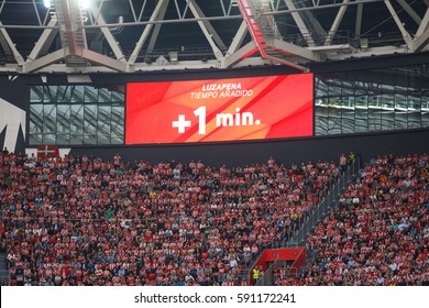 BILBAO, SPAIN - OCTOBER 16: Video Scoreboard Indicates One Minute Added, In The Match Between Athletic Bilbao And Real Sociedad, Celebrated On October 16, 2016 In Bilbao, Spain