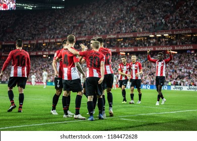 BILBAO, SPAIN - SEPTEMBER 15, 2018: Iker Munian and Dani Garcia, Athletic Club Bilbao players, celebrates a goal during a Spanish League match between Athletic Club Bilbao and Real Madrid