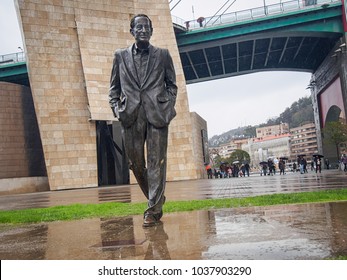 BILBAO, SPAIN-FEBRUARY 11, 2018: Statue Of Ramon Rubial Cavia (1906-1999), President Of Spanish Socialist Workers Party (Psoe) Near To La Salve Bridge