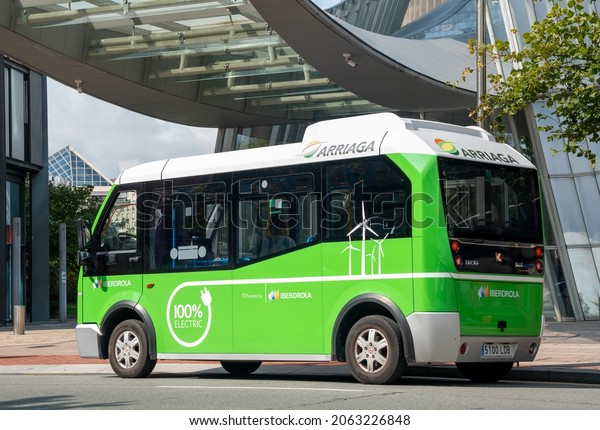 Bilbao,Spain-September 2021: electric bus driving\
in Bilbao in Arriaga\
lines