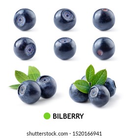 Bilberry. Bilberries isolated. Bilberry on white. Bilberries with leaves. Blueberry.