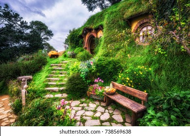 Bilbo Baggins Home And Hobbit Garden In Hobbiton Movie Set, New Zealand. Taken During Summer.