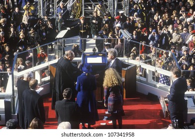 Bill Clinton, 42nd President, Takes The Oath Of Office On Inauguration Day From Chief Justice William Rehnquist On January 20, 1993 In Washington, DC