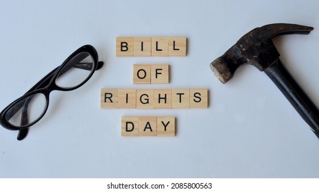 Bill Of Rights Day Text On Wood, Isolated At White Background