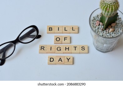 Bill Of Rights Day Text On Wood, Isolated At White Background