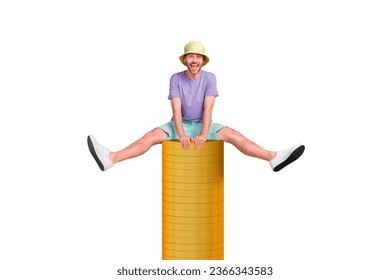 Billboard 3d photo collage of crazy carefree man sitting pile stack golden coins have fun isolated on white color background - Shutterstock ID 2366343583