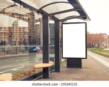 Billboard, banner, empty, white at a bus stop - Shutterstock ID 135345131