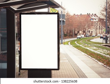 Billboard, Banner, Empty, White At A Bus Stop