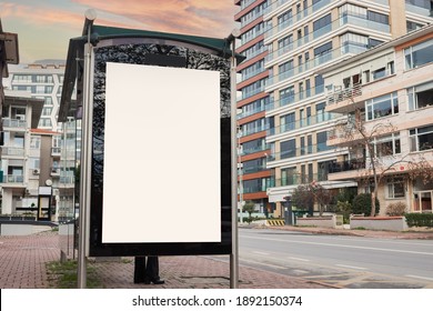 Billboard Blank Mockup And Template Empty Frame For Logo Or Text On Exterior Street Advertising Poster Screen City Background, Modern Flat Style, Outdoor Banner Advertisement