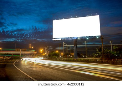 Billboard Blank For Outdoor Advertising Poster Or Blank Billboard At Night Time For Advertisement. Street Light