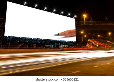 Billboard Blank For Outdoor Advertising Poster At Night Time With Street Light Line For Advertisement Street City Night Light Concept.