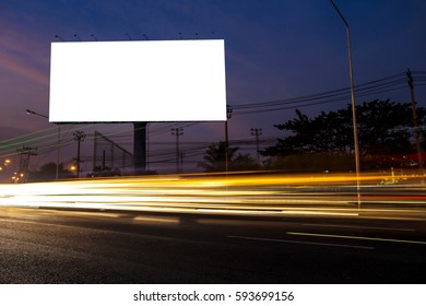 Billboard Blank For Outdoor Advertising Poster Or Blank Billboard At Night Time For Advertisement. Street Light