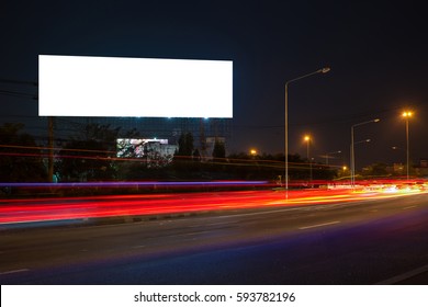 Billboard Blank For Outdoor Advertising Poster Or Blank Billboard At Night Time For Advertisement. Street Light