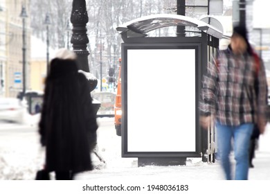 Billboard At The Bus Stop. With Snow In Winter.