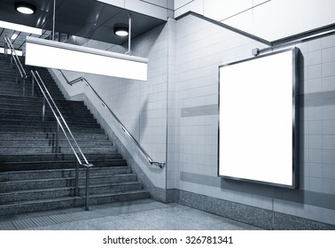 Billboard And Direction Signage Mock Up In Subway With Stairs