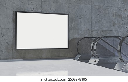 billboard mock-up next to escalators in a subway station with concrete wall and marble floor. 3d render - Powered by Shutterstock