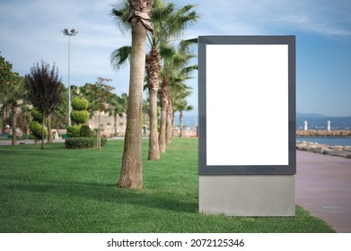 Billboard Mockup On Promenade, Embankment. Blank Billboard Outdoors. Road Informational Empty Billboard With Mockup. Blank Billboard Next To The Beach