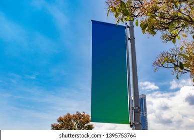 Billboard Mockup Outdoors, Lamp Post Banner Exterior Templates Advertising Poster At Day Time With Street Light Line For Advertisement Street Signboard . With Clipping Path On Screen