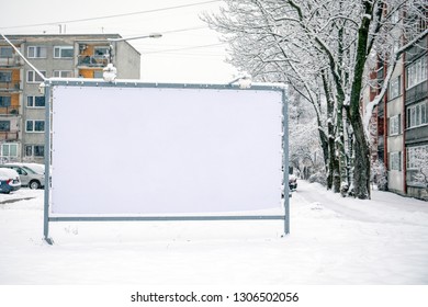 Billboard Mockup Poster Stand In The Street. Winter, Snow And Cold 