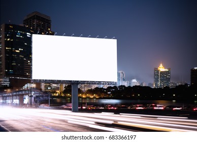 Billboard Night Mockup, Outdoor Advertising Poster At Night Time With Street Light Line For Advertisement Street City Night. With Clipping Path On Screen