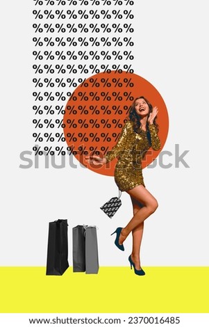Billboard painted banner collage of cheerful beautiful girl wear stylish clothes rejoice mega sale limited collection