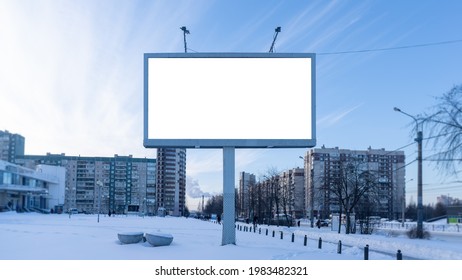 Billboard Screen Mockup For Advertising. In The Winter In The Snow