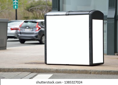 Billboards Mockup On Solar Recycling Bin. Front And Side Panels, Clipping Paths Included