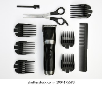 Billericay, Essex, United Kingdom, January 28, 2021. Hair Clippers, Trimmer, Buzz Cut Scissors And Combs. White Background. Illustrative Editorial. Billericay, Essex, United Kingdom, January 28, 2021.