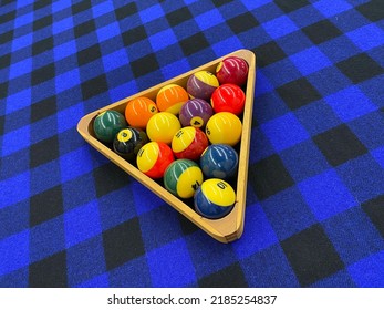 Billiard balls for American billiards. Pool balls. Billiard snooker pyramid. American pool. Pool game on table. Colored pool or billiard balls.
