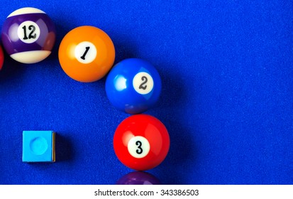 Billiard Balls With Blue Chalk On A Blue Pool Table. Horizontal Image Viewed From Above.