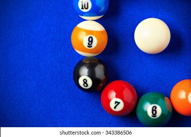 Billiard Balls In A Blue Pool Table. Horizontal Image Viewed From Above.