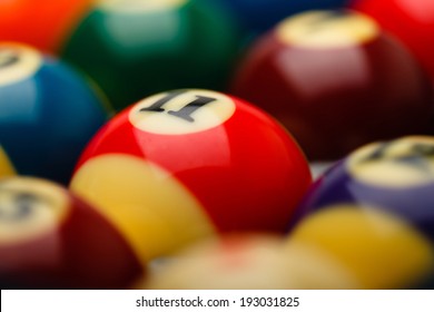 Billiard balls in box, selective focus over number 11