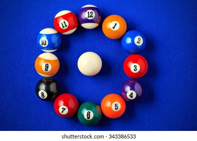 Billiard Balls Making The Shape Of A Clock On A Blue Pool Table. Horizontal Image Viewed From Above.