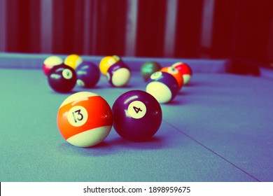 Billiard balls on a snooker table.