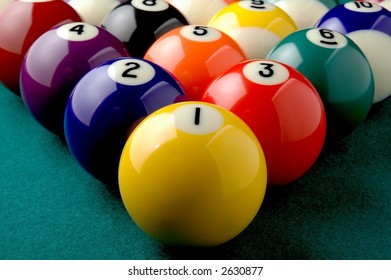 Billiard Balls Racked On A Pool Table.