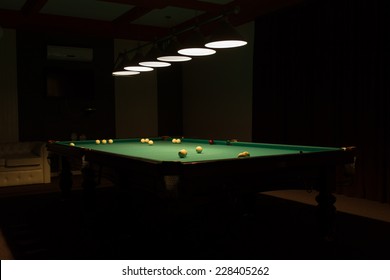 Billiard Balls Scattered On Pool Table In Empty Dimly Lit Pool Hall