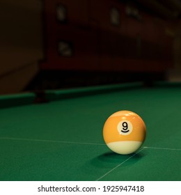 Billiard: One Ball Number Nine  On Green Cloth Field, Useful  For Design-works 