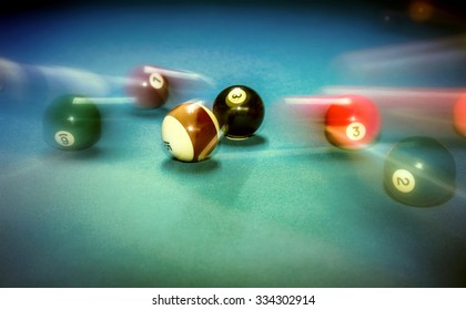 Billiard table vintage background, playing game in night club, slow motion technique, soft focus effect, hobby and sport concept