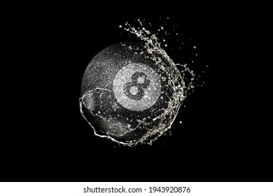 Billiards ball flying in water drops and splashes isolated on black background