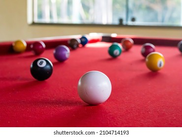 billiards, snooker, game, balls, cue games, pool cues, snooker game with colored balls and red table with cues and numbers, 8 ball and other white balls