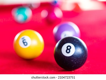 billiards, snooker, game, balls, cue games, pool cues, snooker game with colored balls and red table with cues and numbers, 8 ball and other white balls
