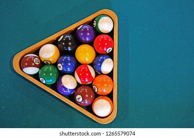 Billiards Sport. Recreational Pool Table Balls In Triangle On Felt Background, Copy Space, Overhead Top View
