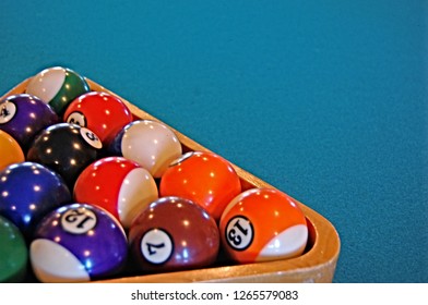 Billiards Sport. Recreational Pool Table Balls In Triangle On Felt Background, Copy Space, Overhead Top View