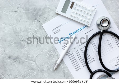 billing statement for for medical service in doctor's office background top view mock up