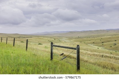 Billings, Montana, USA. View Across The Rolling Endless Landscape Of The Prairie And The Ubiquitous Wire Fencing To Demarcate Land Ownership On An Overcast Day Near Billings, Montana, USA.