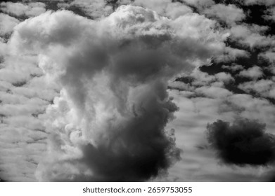 Billowing clouds loom in dramatic grayscale, capturing a towering formation that dominates the sky. The interplay of light and shadow reveals a powerful and ever-shifting atmosphere.
